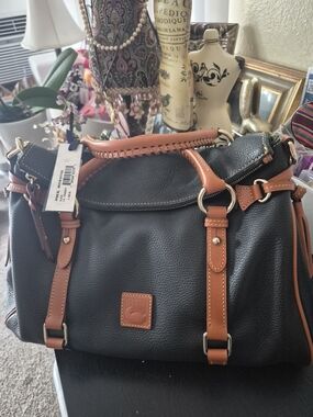 Dooney & Bourke Black Pebble Leather Satchel with Brown Trim